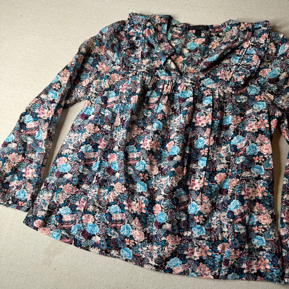 JCrew Womens TS Blue Floral Paisley Cotton Silk Ruffle Pleated Peasant Blouse